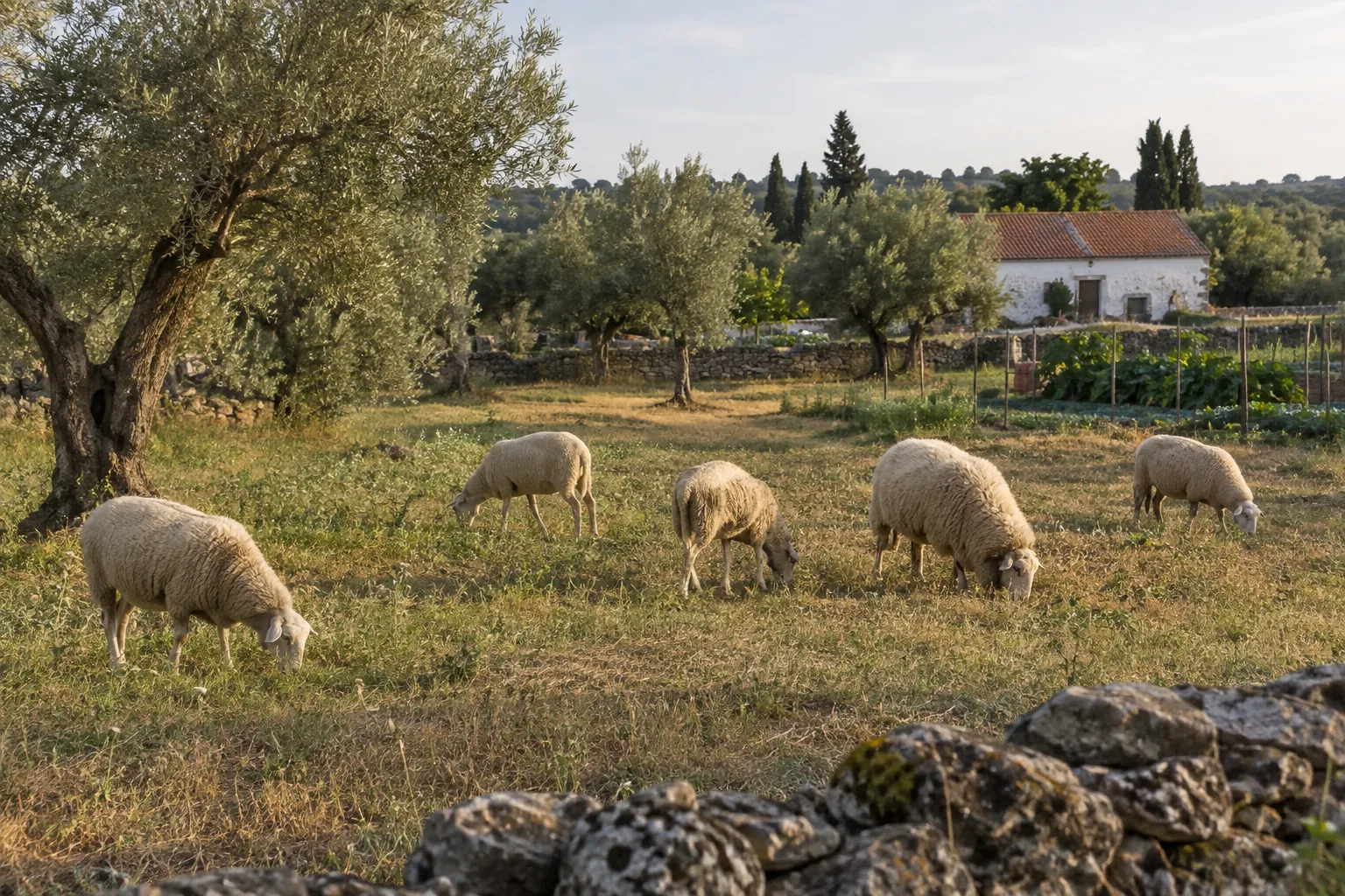 Ovelhas a pastar entre oliveiras, junto de uma pequena quinta portuguesa
